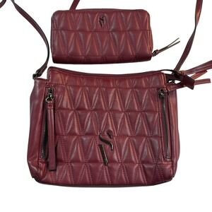 Simply Vera Vera Wang Crossbody Purse Wallet Set Burgundy Quilted Faux Leather